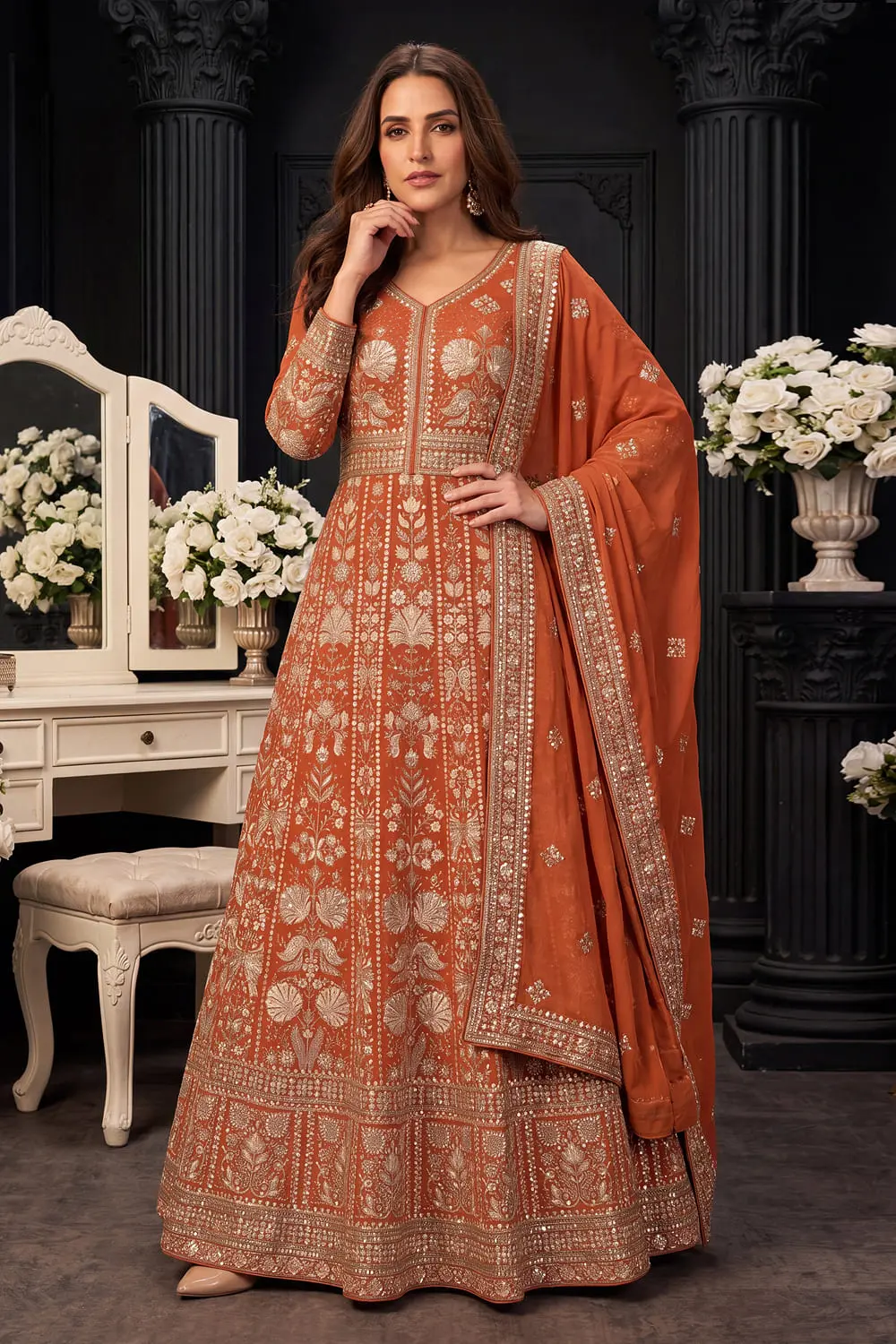 Orange Premium Georgette Anarkali Gown with Front and Back Embroidery and Chinon Dupatta Orange Premium Georgette Anarkali Gown with Front and Back Embroidery and Chinon Dupatta