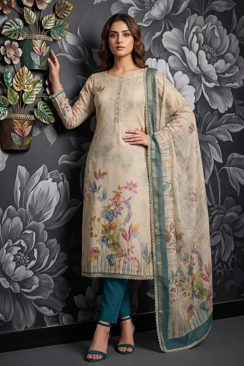 Beige Floral Cotton Linen Tunic with Teal Trousers, Shimmer Print and Handwork Beige Floral Cotton Linen Tunic with Teal Trousers, Shimmer Print and Handwork