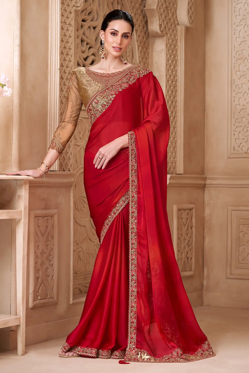 Blooming Red Satin Silk Saree with Brocade Silk Blouse, Embroidery and Tassel Lace Blooming Red Satin Silk Saree with Brocade Silk Blouse, Embroidery and Tassel Lace