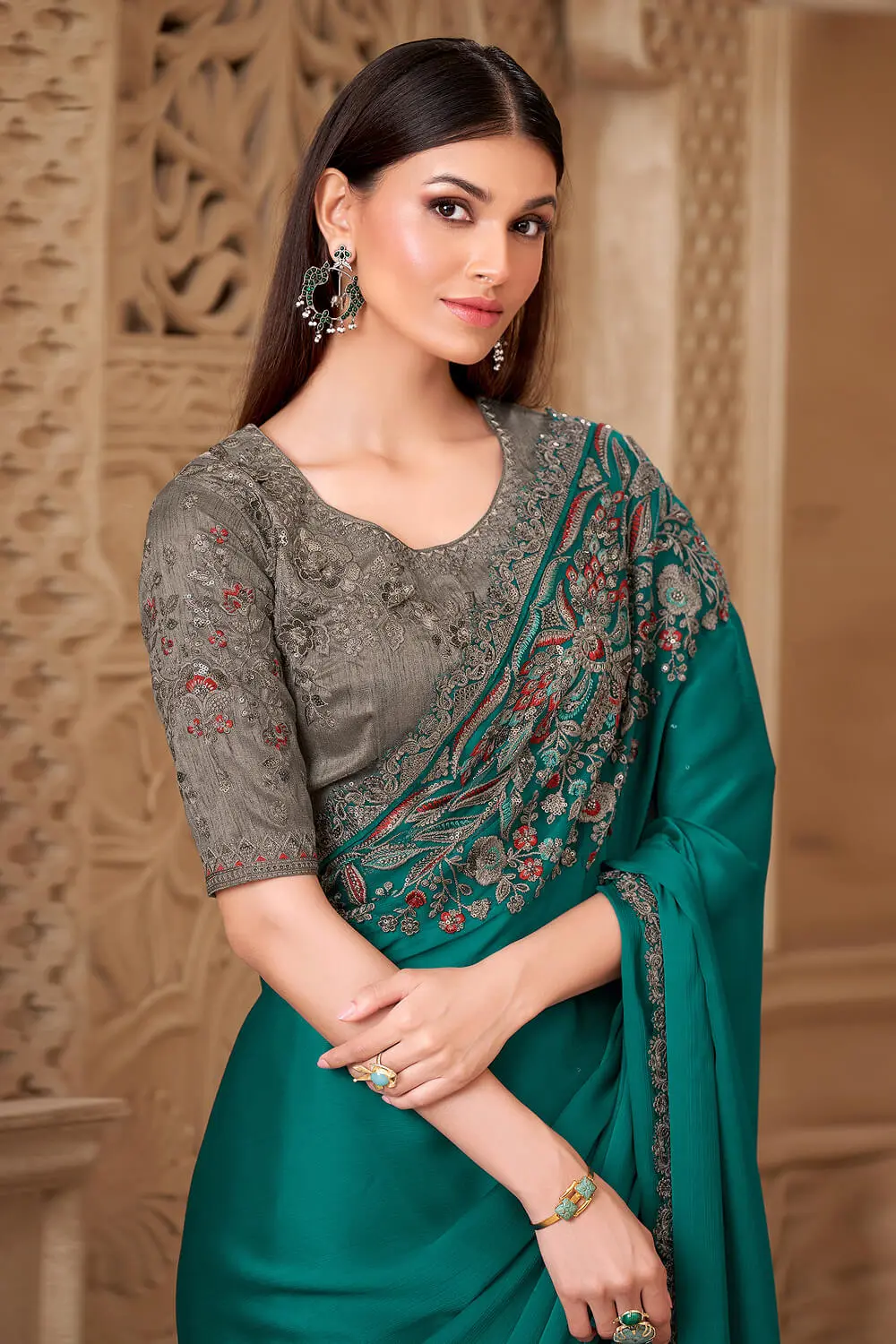 Tussar silk blouse with textured sheen for teal green silk saree