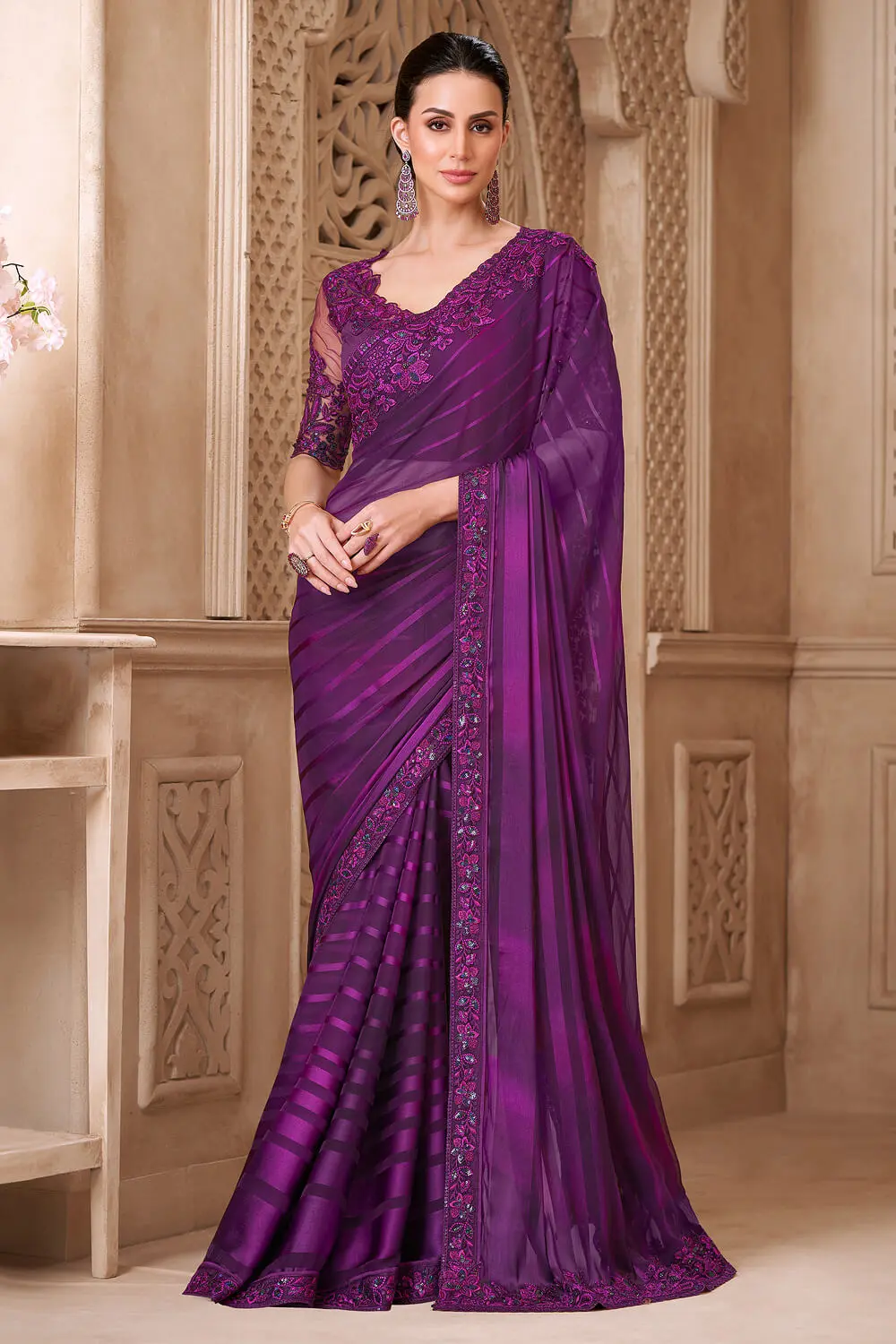 Deep Purple Satin Georgette Saree with Tussar Silk Blouse, Embroidery and Tassel Lace Deep Purple Satin Georgette Saree with Tussar Silk Blouse, Embroidery and Tassel Lace