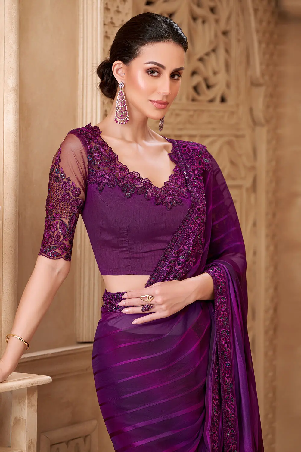 Deep purple satin georgette saree styled with Tussar silk blouse