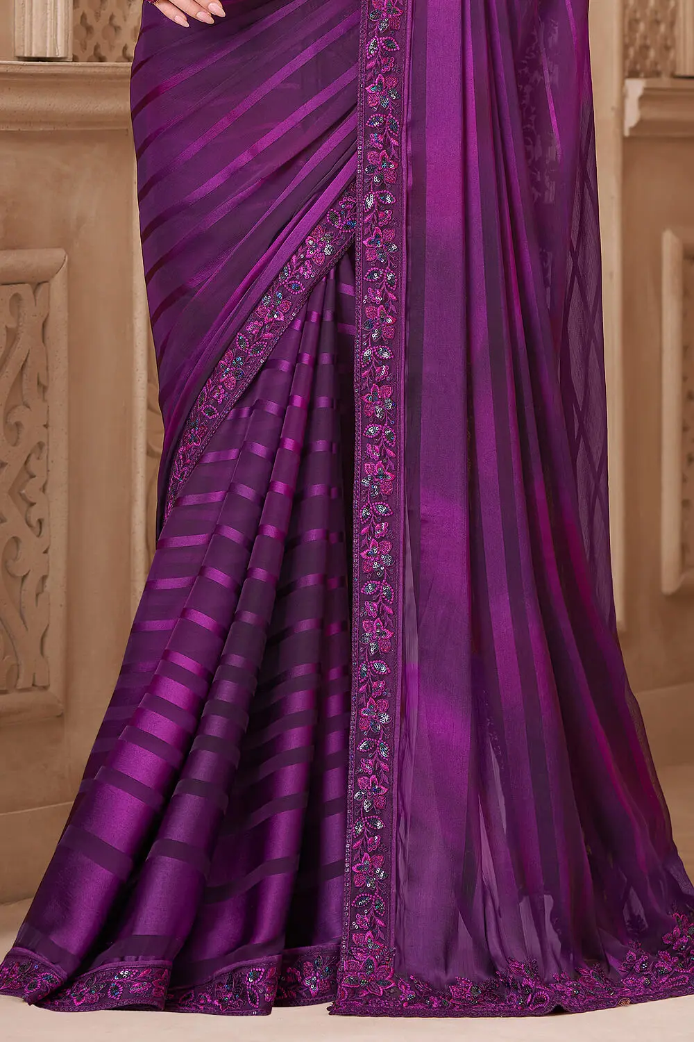 Satin pattern georgette pallu with embroidery in deep purple
