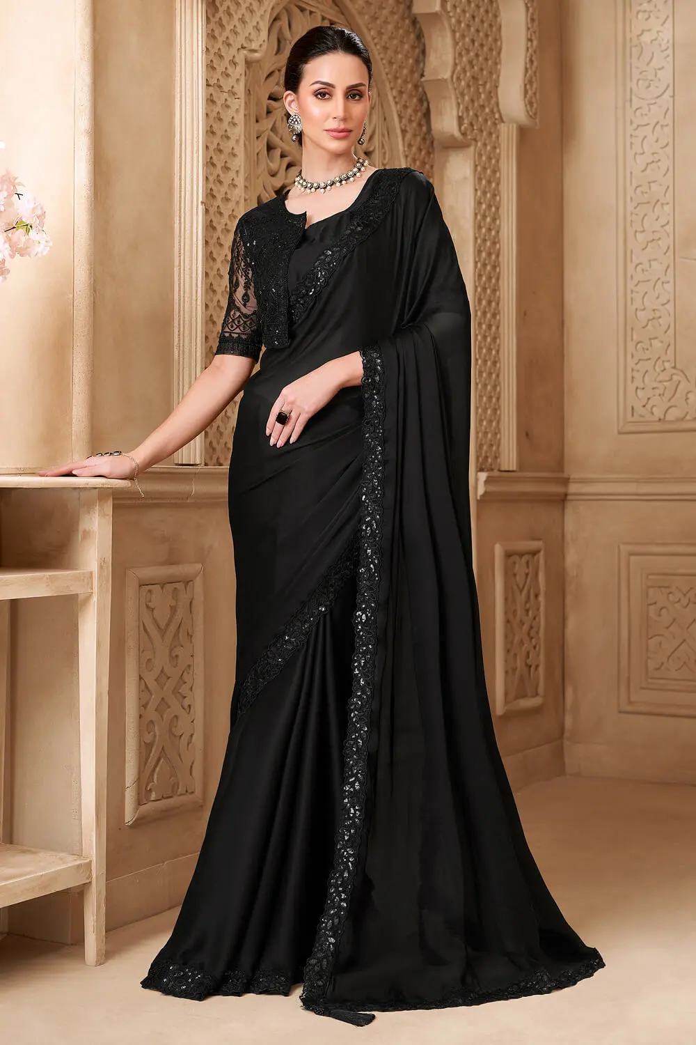 Black Satin Georgette Saree with Jacket Work Blouse, Embroidery and Tassel Lace Black Satin Georgette Saree with Jacket Work Blouse, Embroidery and Tassel Lace