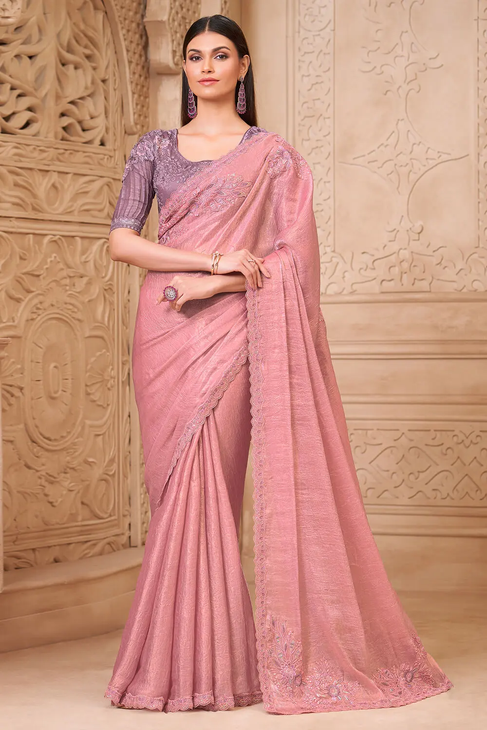 Pink Crush Satin Georgette Saree with Satin Silk Blouse, Embroidery and Tassel Lace Pink Crush Satin Georgette Saree with Satin Silk Blouse, Embroidery and Tassel Lace