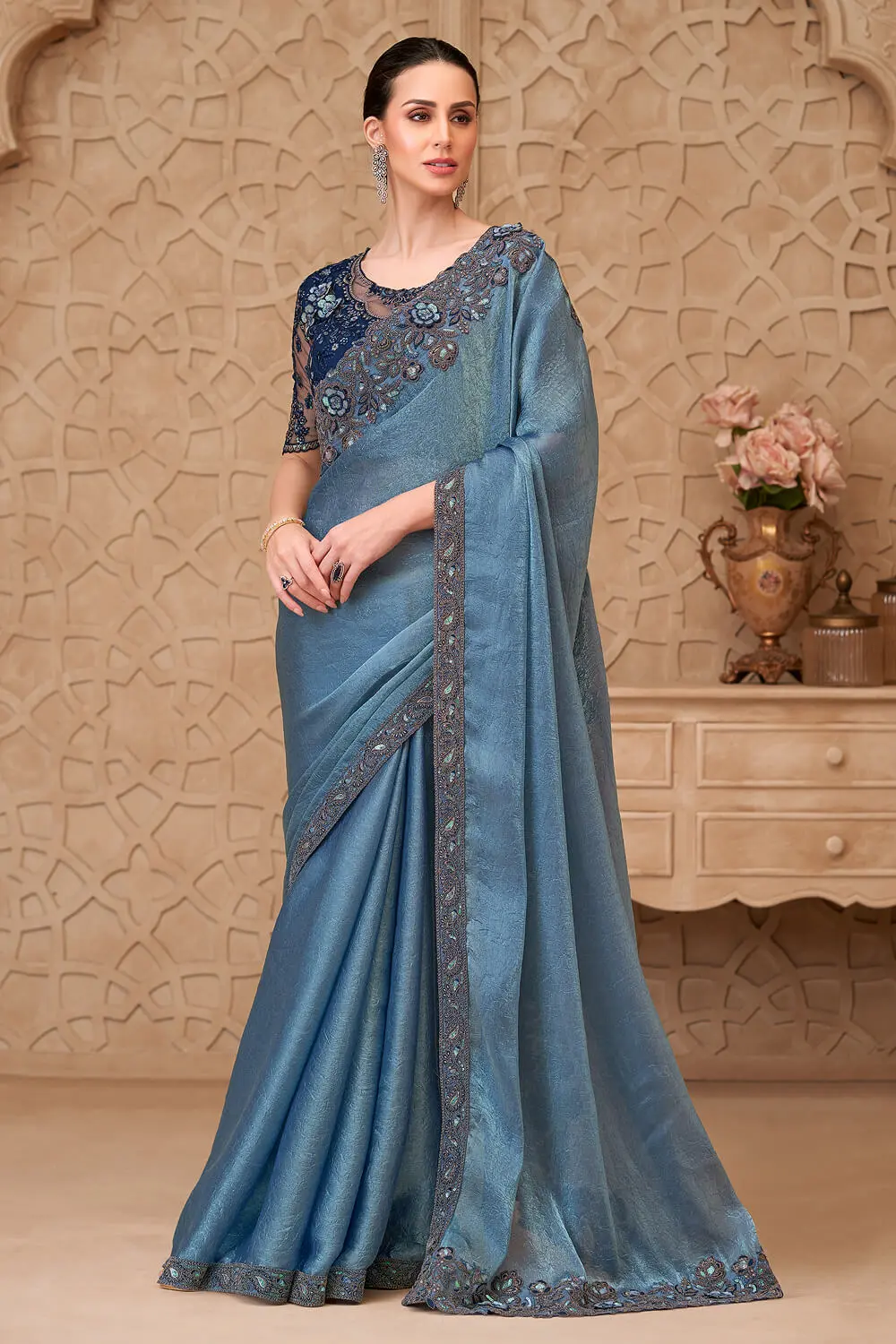 Metal Blue Satin Crush Georgette Saree with Tussar Silk Blouse, Embroidery and Tassel Lace Metal Blue Satin Crush Georgette Saree with Tussar Silk Blouse, Embroidery and Tassel Lace