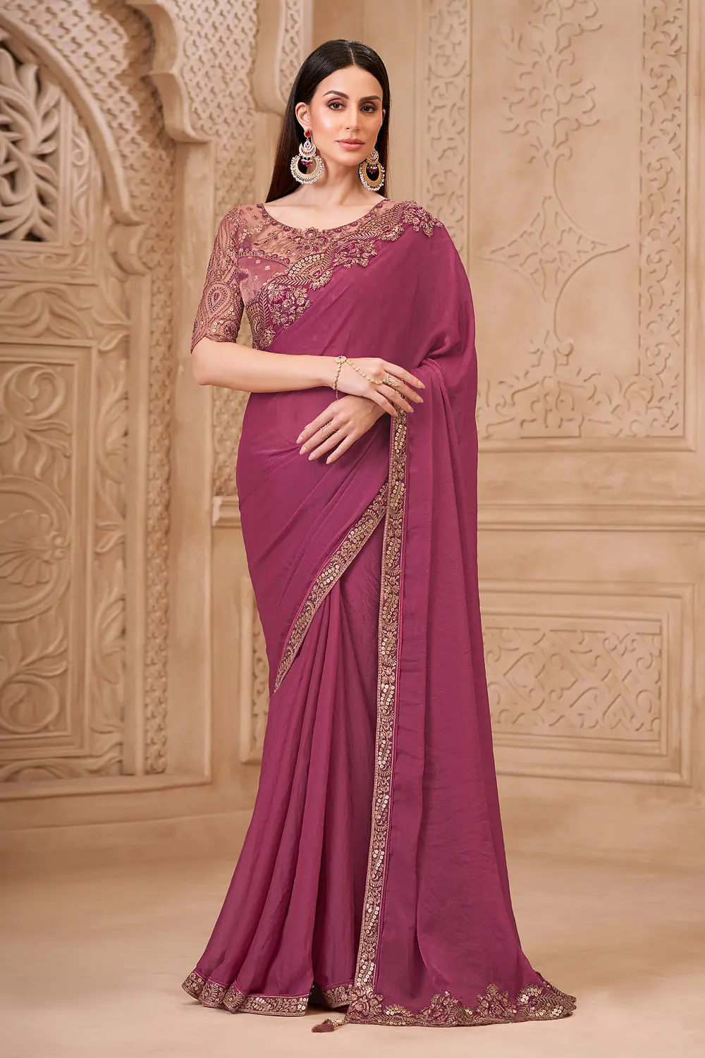 Rouge Pink Satin Georgette Embroidered Saree with Satin Silk Blouse Rouge Pink Satin Georgette Embroidered Saree with Satin Silk Blouse