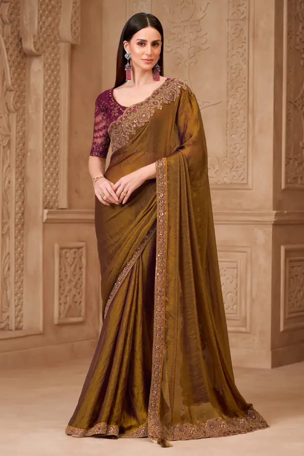 Brown Satin Georgette Embroidered Saree front drape with satin silk blouse