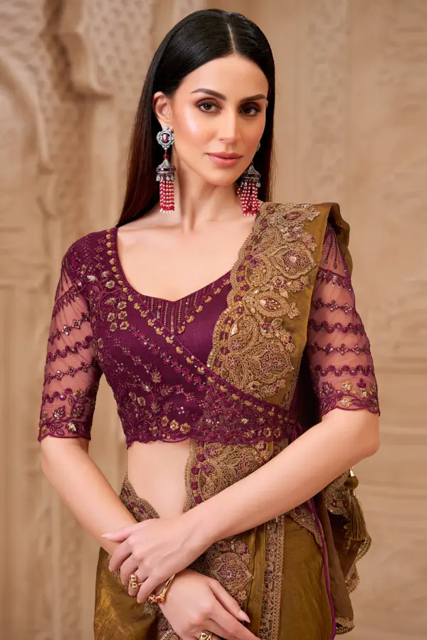 Close‑up of embroidery on Brown Satin Georgette Embroidered Saree border
