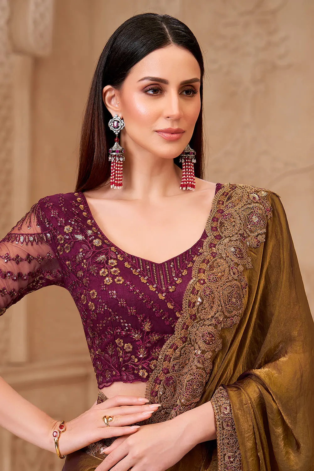 Satin silk blouse piece with Brown Satin Georgette Embroidered Saree
