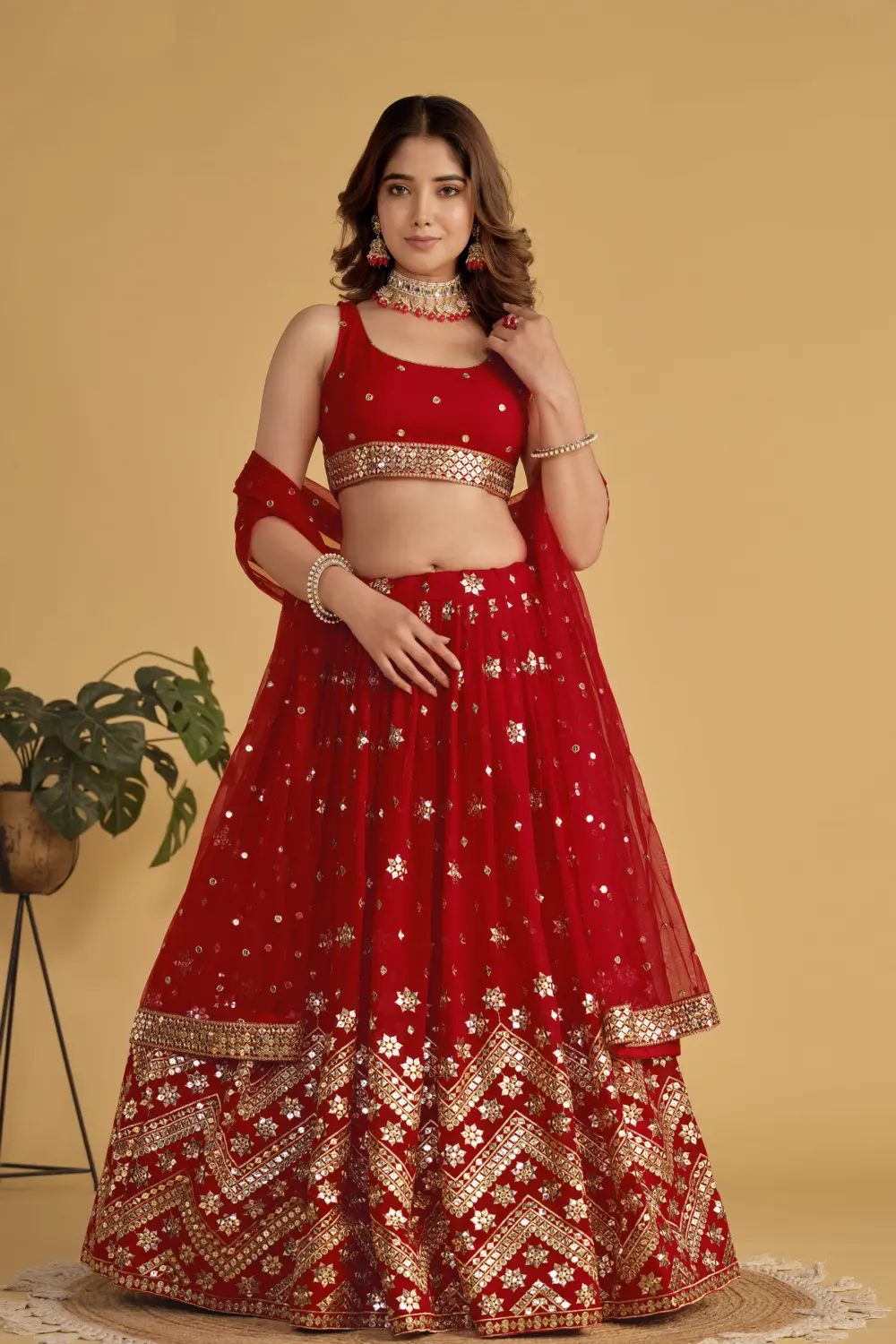 Red lehenga choli for bride in georgette with sequins zari work by Khaish