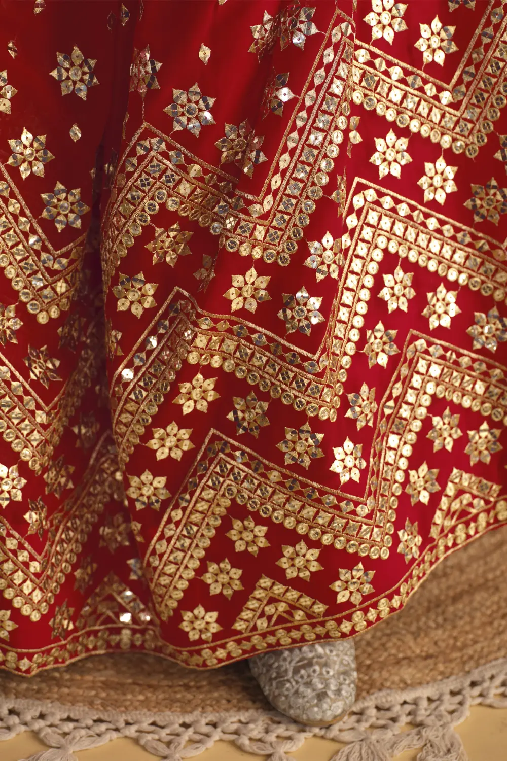 Sequins and zari embroidery on red georgette bridal lehenga skirt