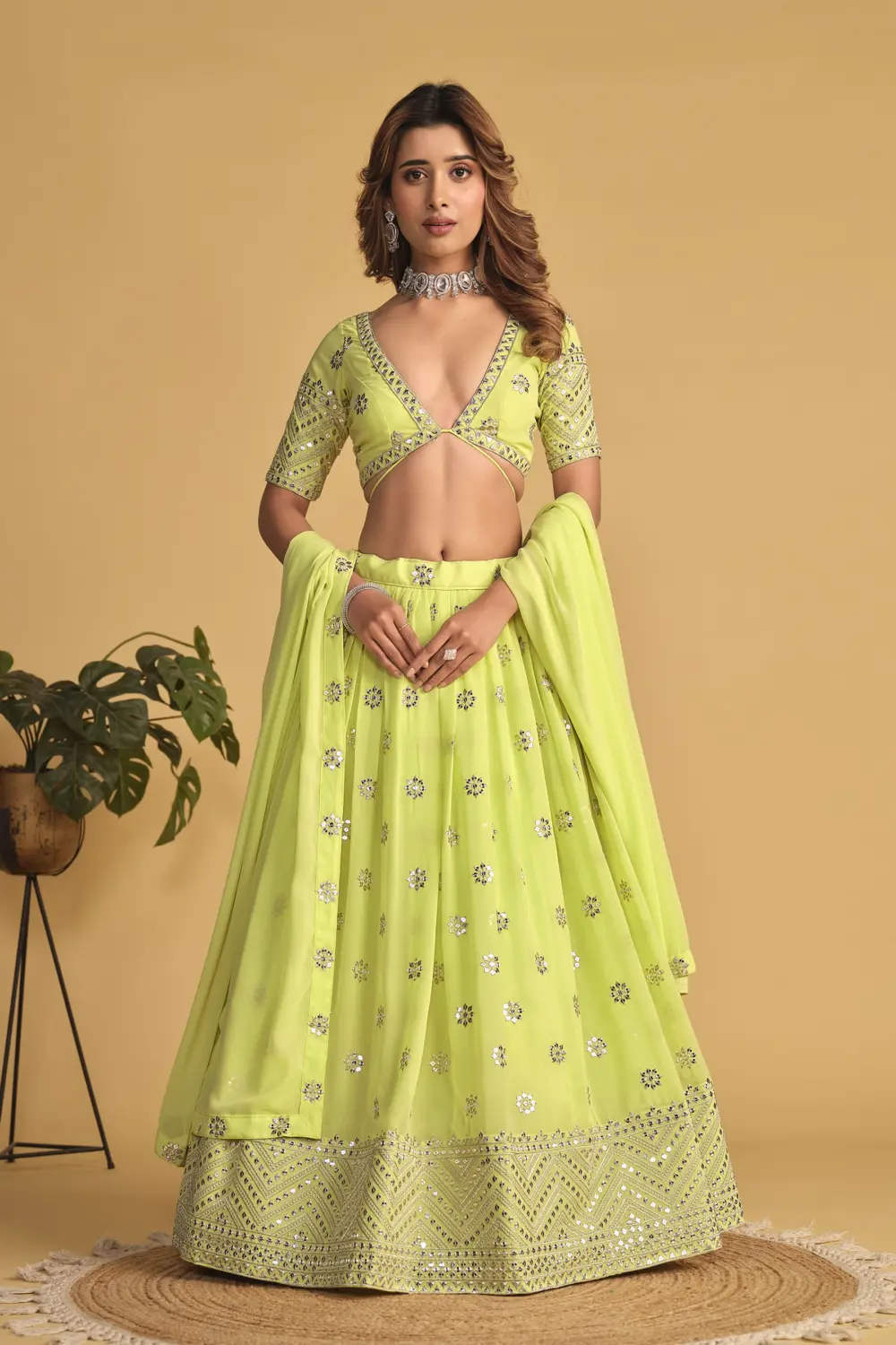 Neon lehenga choli for party in georgette with sequins zari work by Khaish