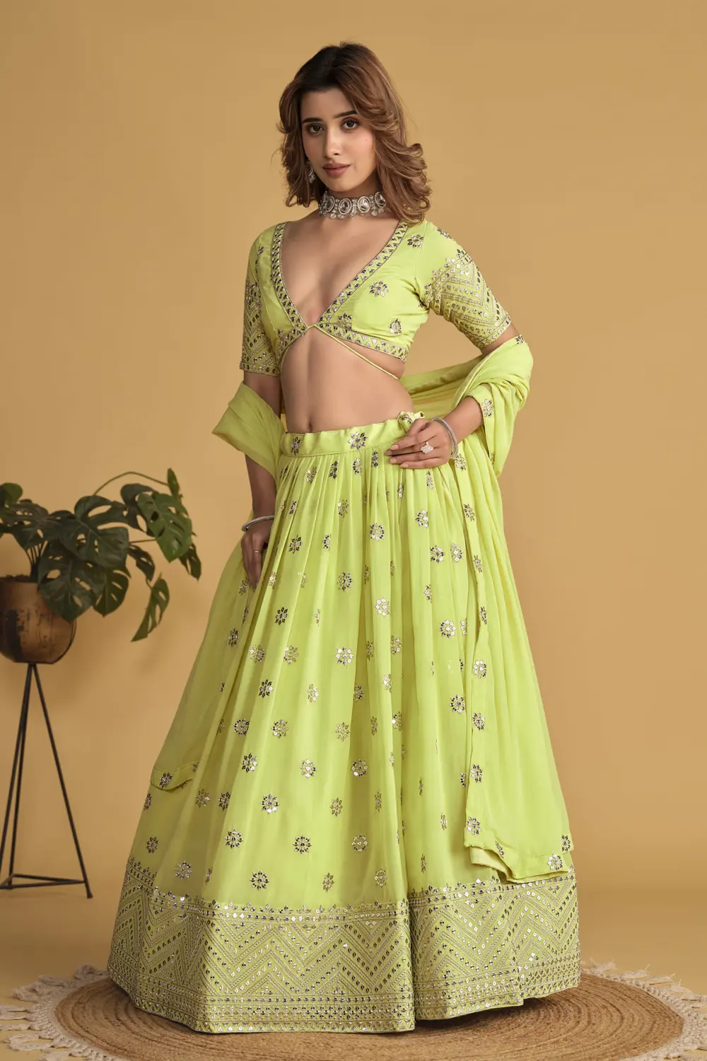Sequins and zari embroidery on neon georgette lehenga skirt