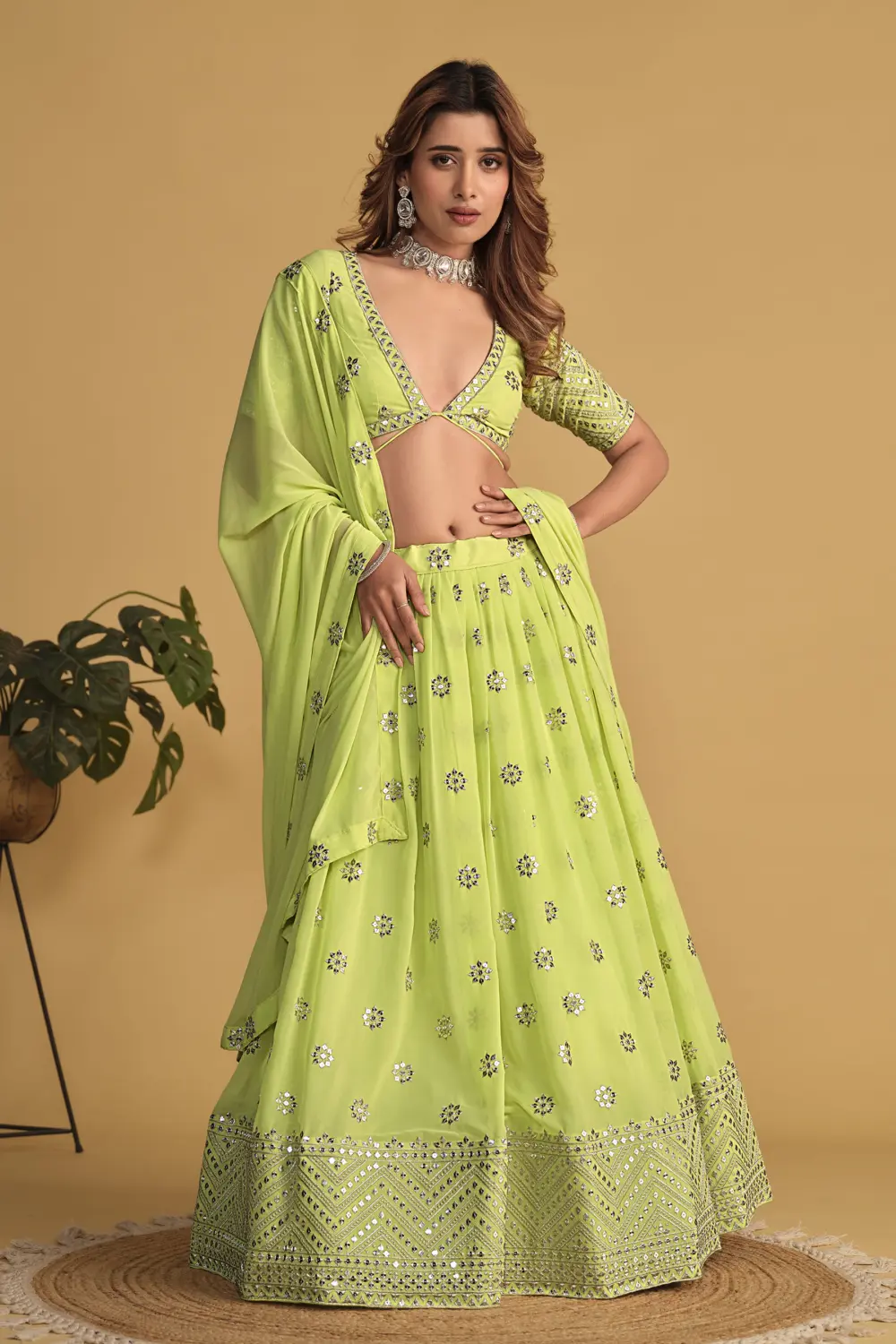 Georgette dupatta with sequins zari work for neon lehenga choli
