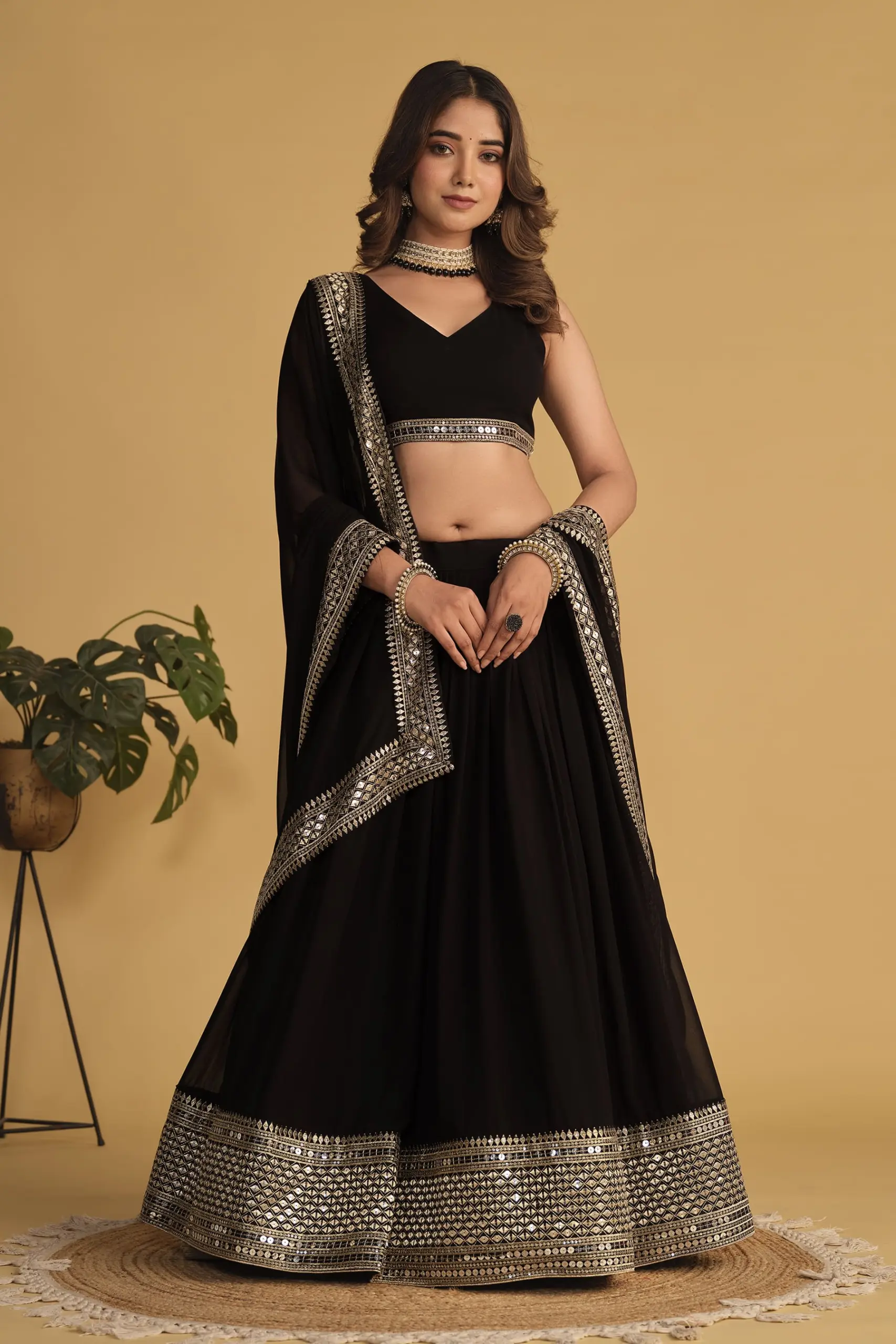 Black Georgette Lehenga Choli with Sequins and Zari Embroidery Work Black Georgette Lehenga Choli with Sequins and Zari Embroidery Work