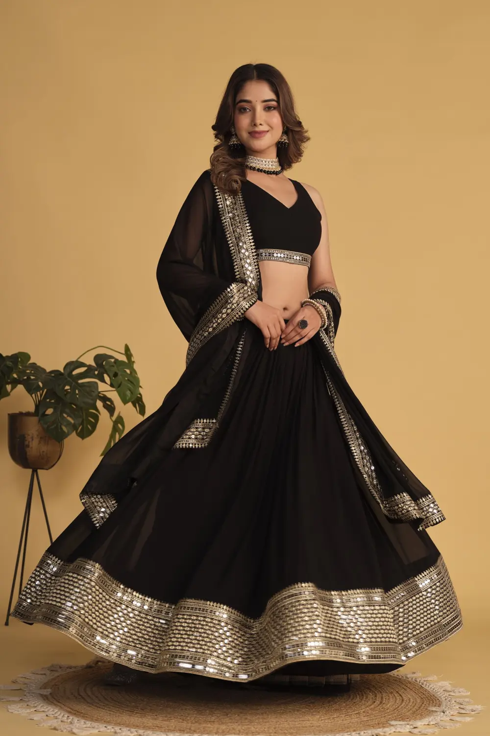 Black georgette dupatta with sequins zari work for cocktail lehenga