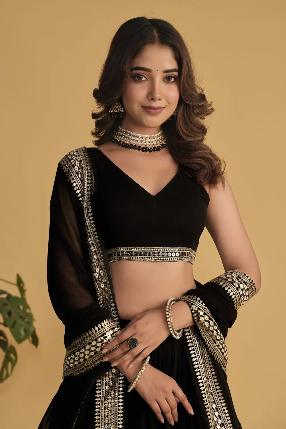 Georgette blouse with sequins and zari embroidery in black