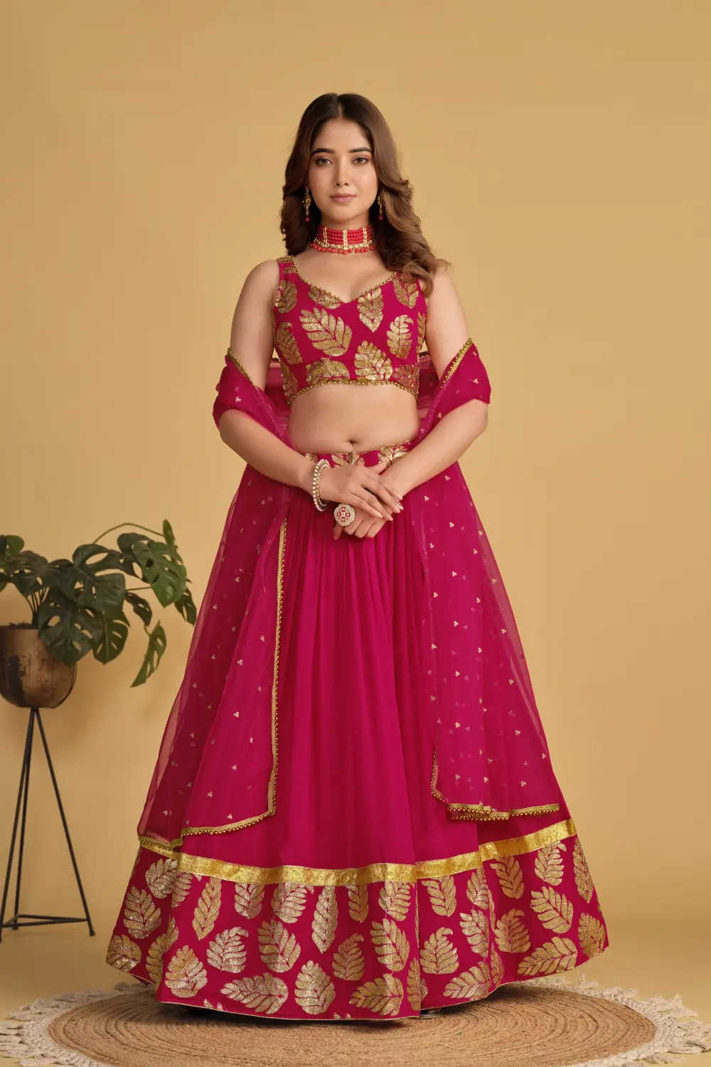 Pink georgette lehenga choli for party with sequins zari work by Khaish