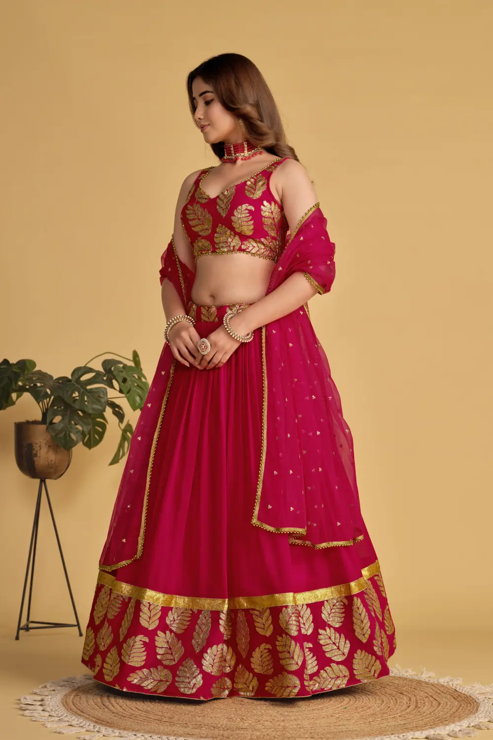 Sequins and zari embroidery on pink georgette party lehenga skirt