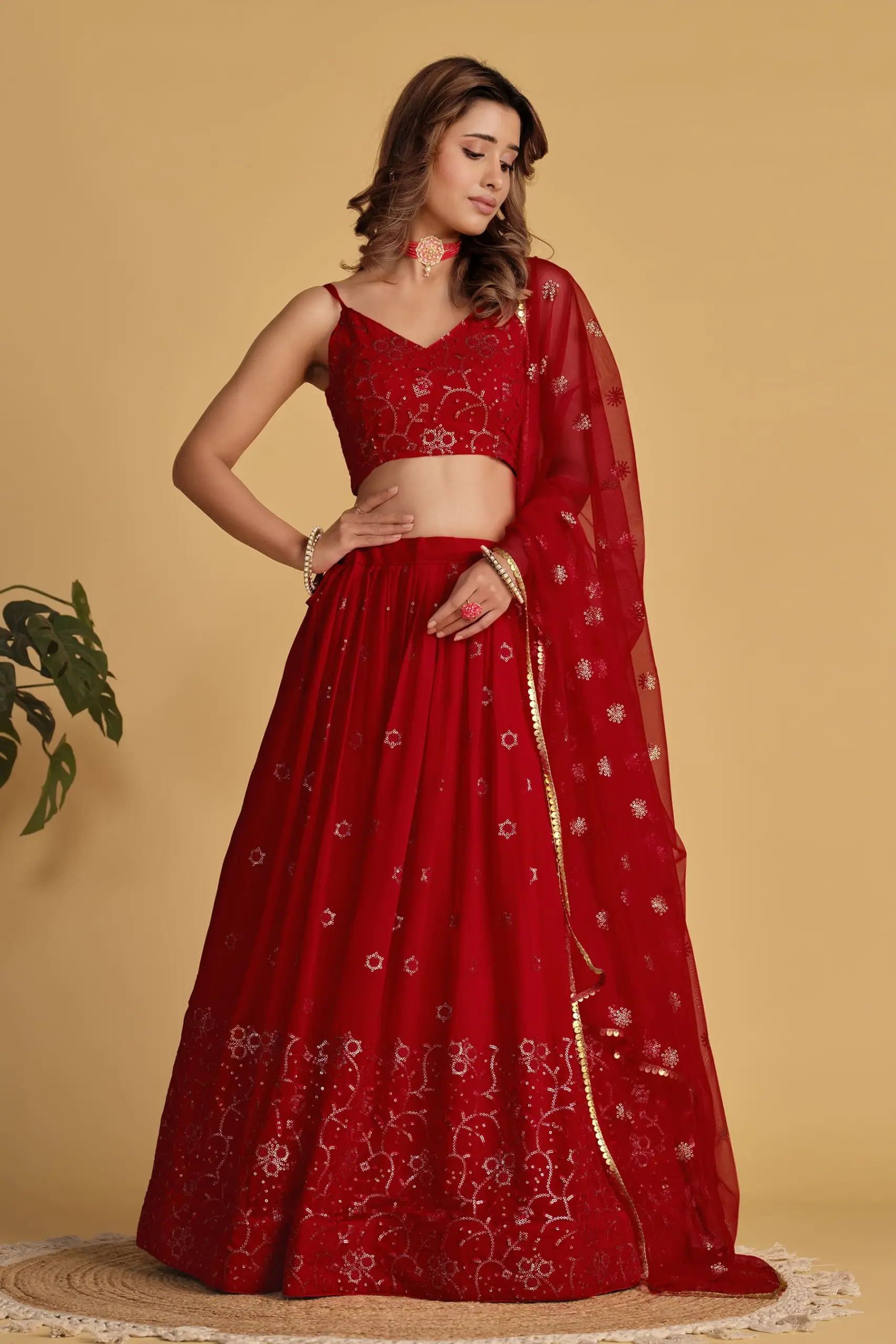 Red Georgette Lehenga Choli with Soft Net Dupatta and Sequins Zari Work Red Georgette Lehenga Choli with Soft Net Dupatta and Sequins Zari Work