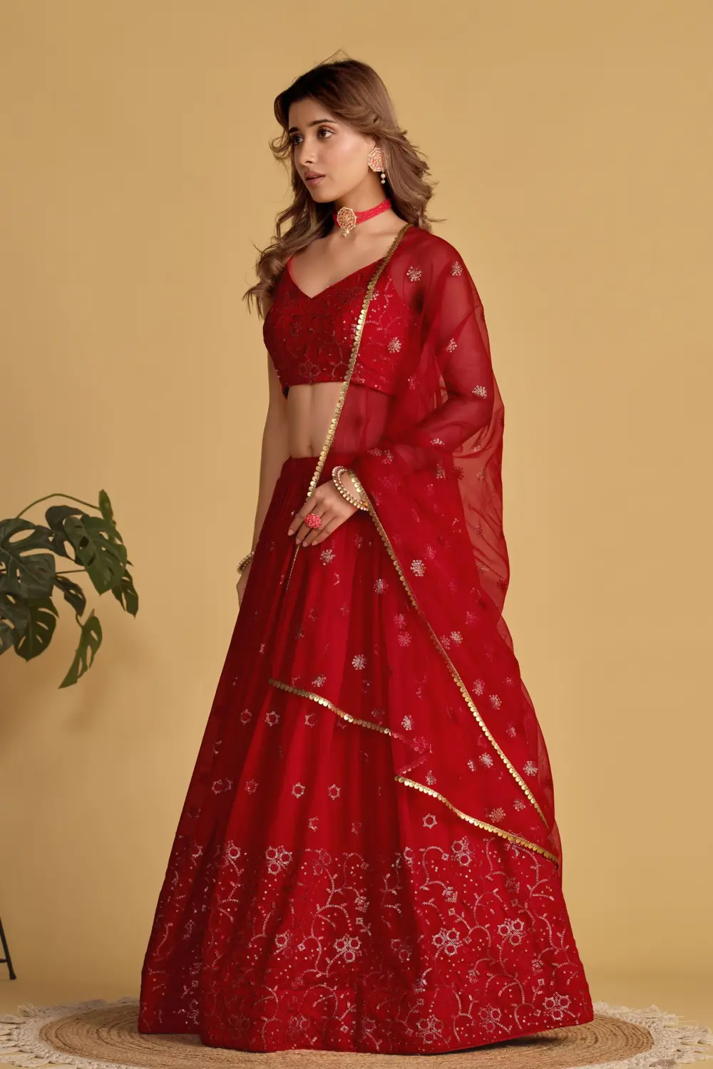 Sequins and zari embroidery on red georgette festive lehenga skirt