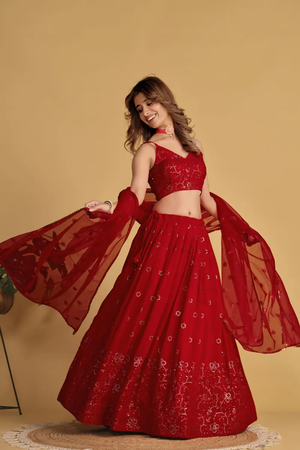 Soft net dupatta with sequins zari work for red festive lehenga