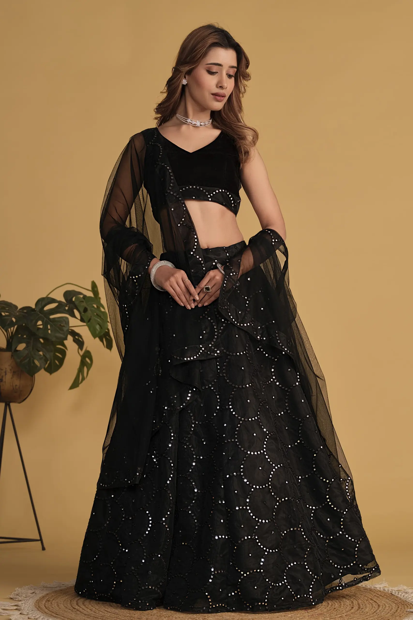 Black Lehenga with Velvet Blouse, Georgette Lehenga, Soft Net Dupatta and Sequins Zari Work Black Lehenga with Velvet Blouse, Georgette Lehenga, Soft Net Dupatta and Sequins Zari Work