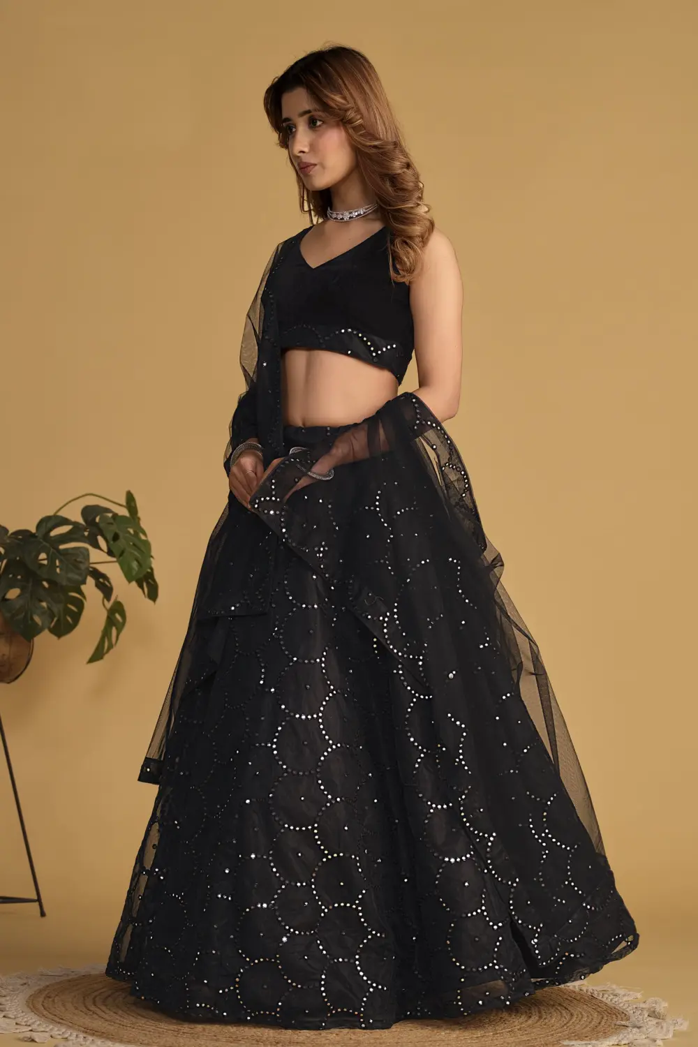Soft net dupatta with sequins zari work for black velvet lehenga