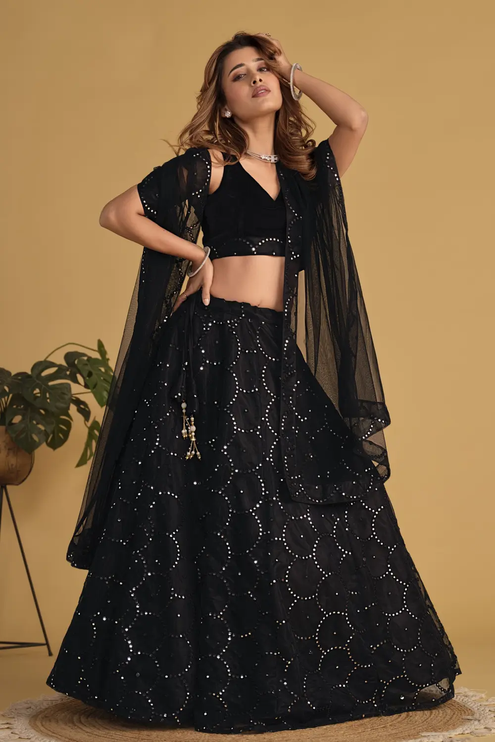 Plush black velvet blouse with sequins and zari embroidery