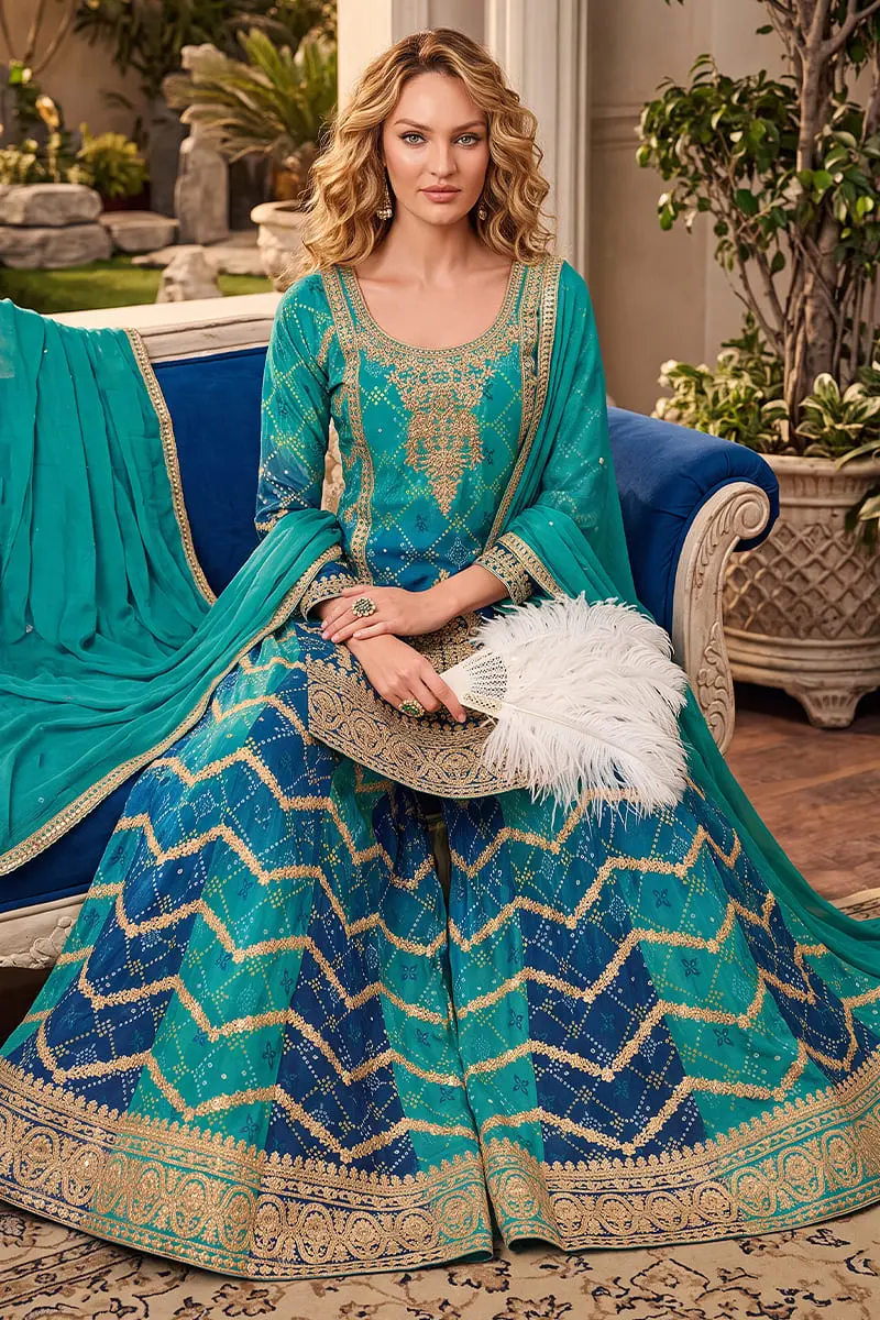 Teal purple ombre heavy chinon kurta palazzo set with dupatta full view