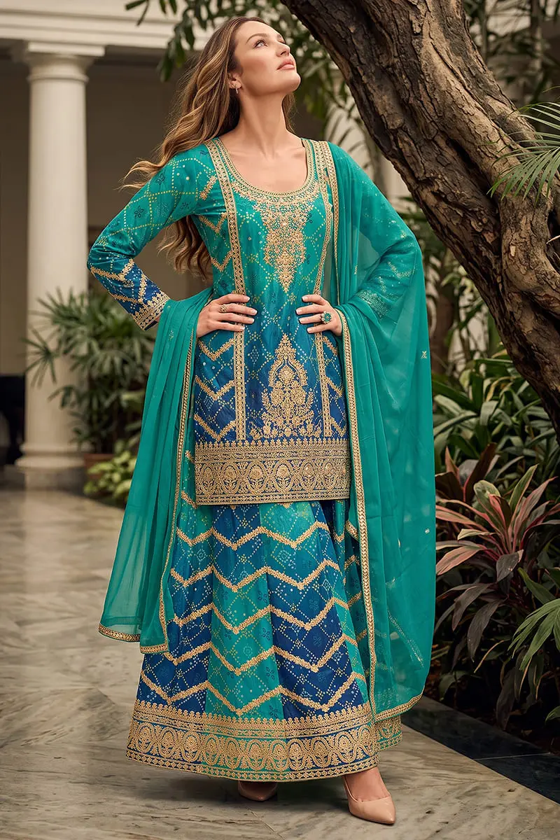 Teal Purple Ombre Heavy Chinon Kurta Palazzo Set with Mirror and Jarkan Work Teal Purple Ombre Heavy Chinon Kurta Palazzo Set with Mirror and Jarkan Work