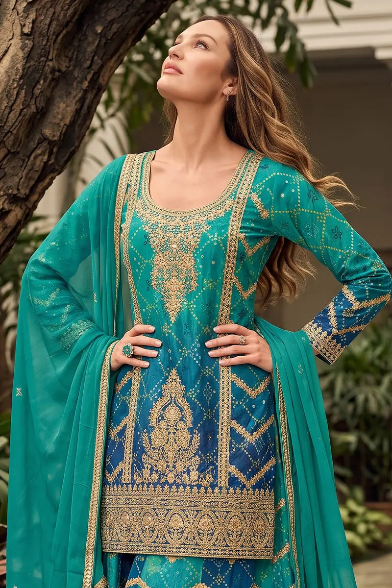 Close up of mirror and jarkan work on teal purple ombre chinon kurta