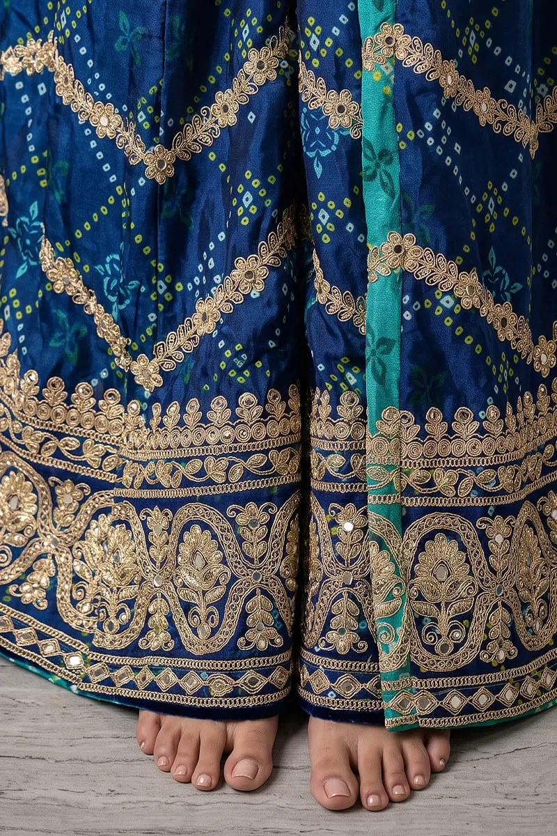 Teal purple ombre digital-print palazzo with embroidery and jarkan work