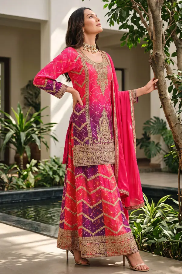 Hot pink purple ombre kurta palazzo set with mirror and jarkan work by Khaish