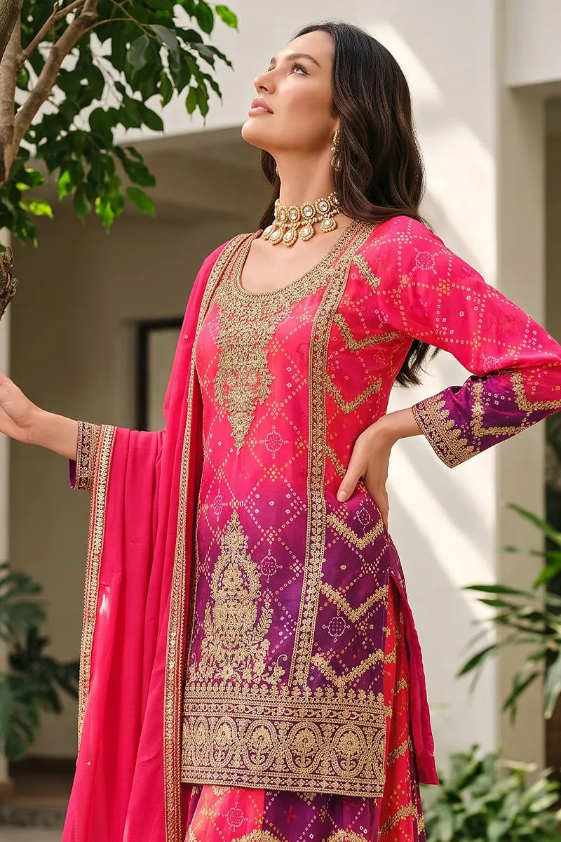 Close up of mirror and jarkan work on hot pink purple ombre chinon kurta
