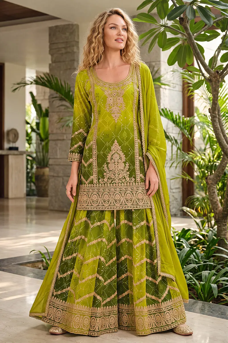 Two Tone Green Heavy Chinon Kurta Palazzo Set with Mirror and Jarkan Work Two Tone Green Heavy Chinon Kurta Palazzo Set with Mirror and Jarkan Work
