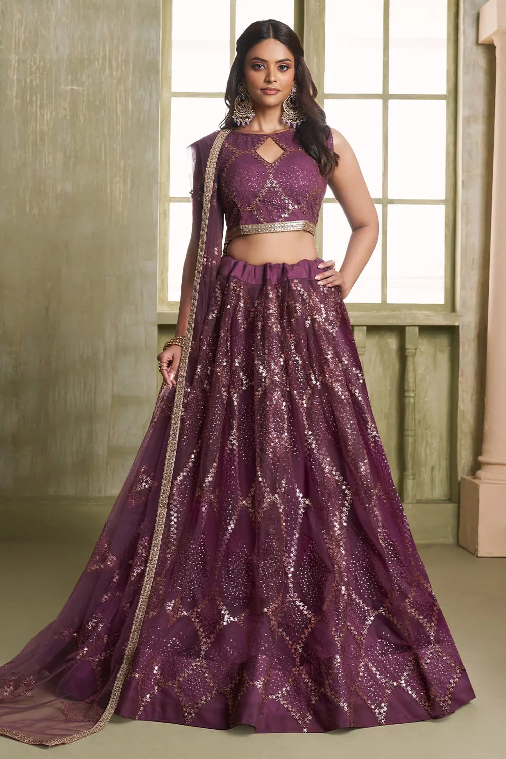 Wine Butterfly Net Lehenga Choli with Tone-to-Tone Thread Work and Glitter Sequins Wine Butterfly Net Lehenga Choli with Tone-to-Tone Thread Work and Glitter Sequins