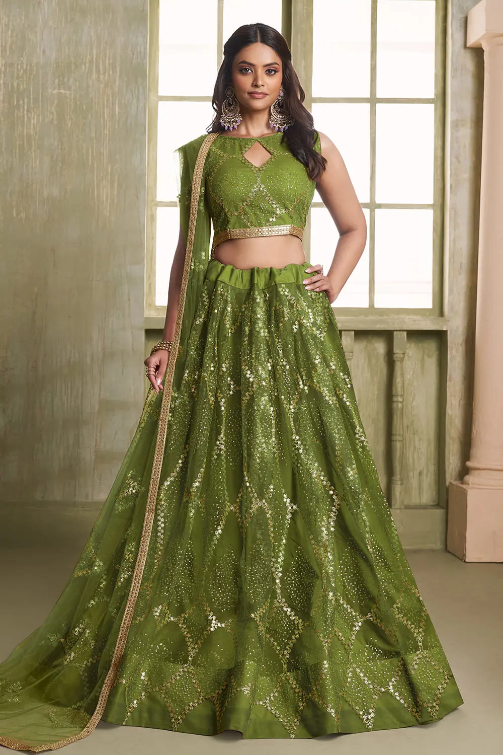 Green Butterfly Net Lehenga Choli with Tone-to-Tone Thread Work and Glitter Sequins Green Butterfly Net Lehenga Choli with Tone-to-Tone Thread Work and Glitter Sequins