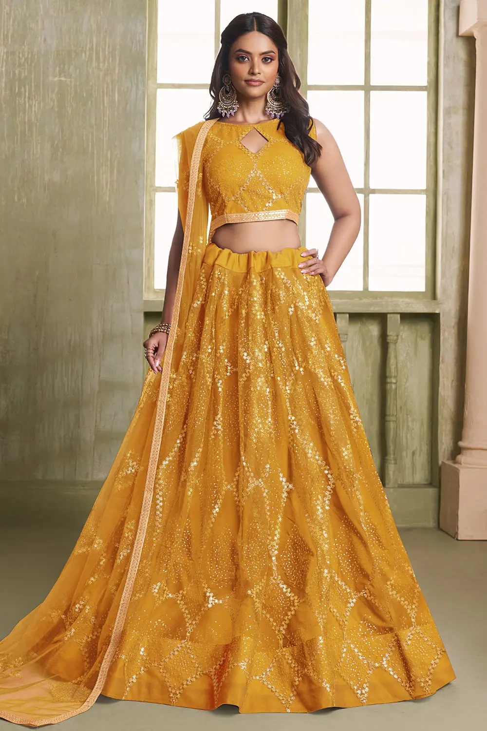 Yellow Butterfly Net Lehenga Choli with Tone-to-Tone Thread Work and Glitter Sequins Yellow Butterfly Net Lehenga Choli with Tone-to-Tone Thread Work and Glitter Sequins