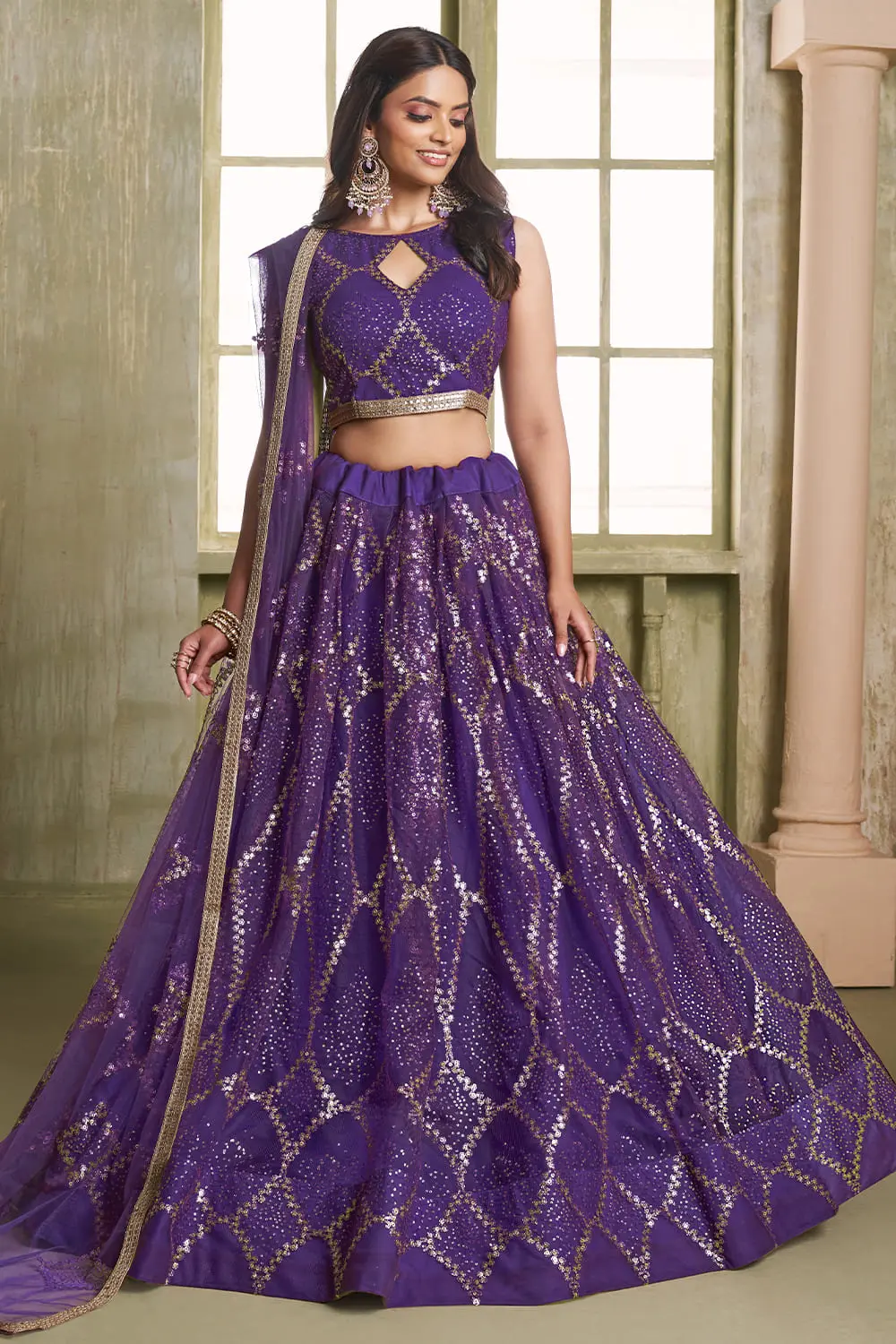 Deep Purple Butterfly Net Lehenga Choli with Tone-to-Tone Thread Work and Glitter Sequins Deep Purple Butterfly Net Lehenga Choli with Tone-to-Tone Thread Work and Glitter Sequins