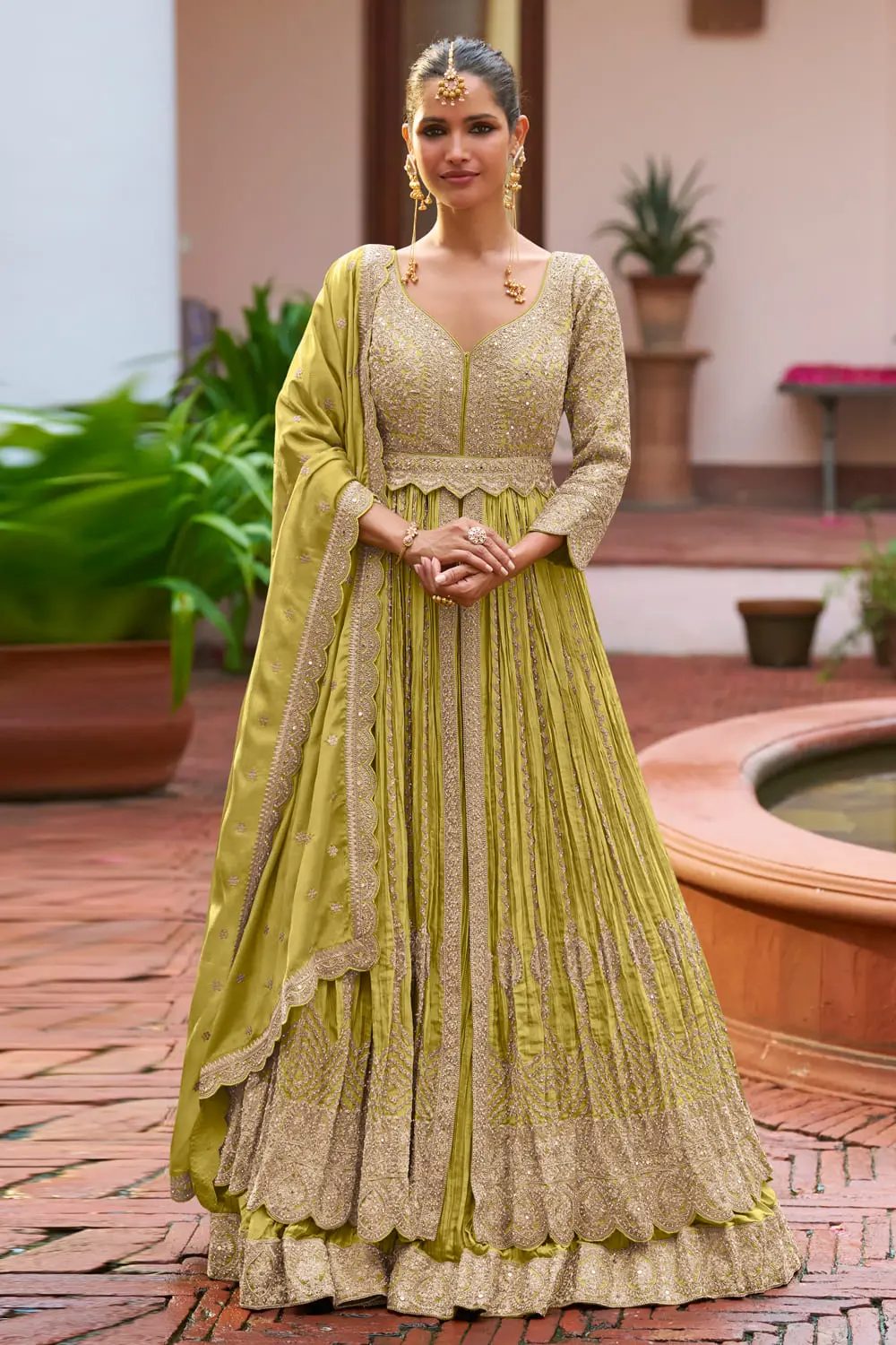Olive Green Real Chinon Anarkali with Skirt and Dupatta, Embroidery and Handwork Olive Green Real Chinon Anarkali with Skirt and Dupatta, Embroidery and Handwork