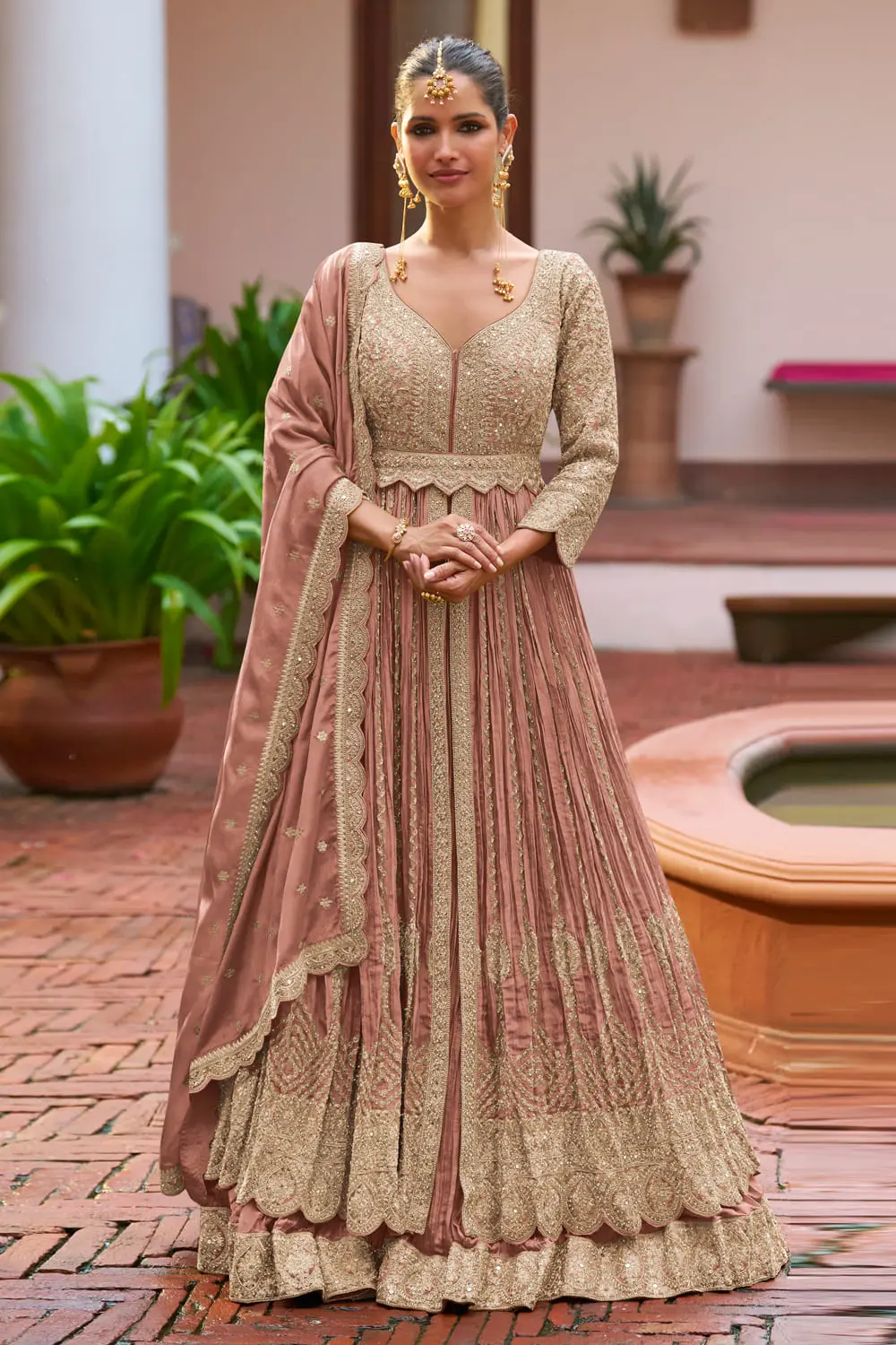 Dusty Pink Real Chinon Anarkali with Skirt and Dupatta, Embroidery and Handwork Dusty Pink Real Chinon Anarkali with Skirt and Dupatta, Embroidery and Handwork