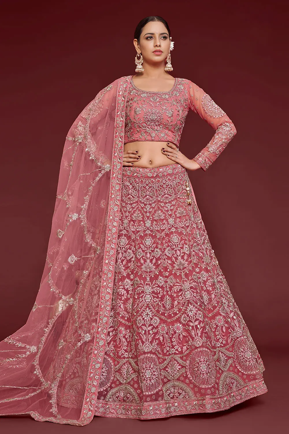 Barbie Pink Soft Net Lehenga Choli with Thread, Zari, Badla and Glitter Dori Embroidery Barbie Pink Soft Net Lehenga Choli with Thread, Zari, Badla and Glitter Dori Embroidery