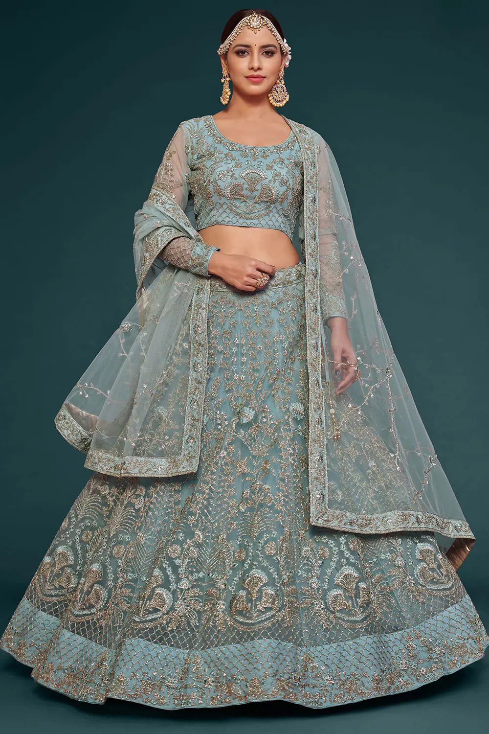 Sky Blue Soft Net Lehenga Choli with Thread, Zari, Badla and Glitter Dori Embroidery Sky Blue Soft Net Lehenga Choli with Thread, Zari, Badla and Glitter Dori Embroidery