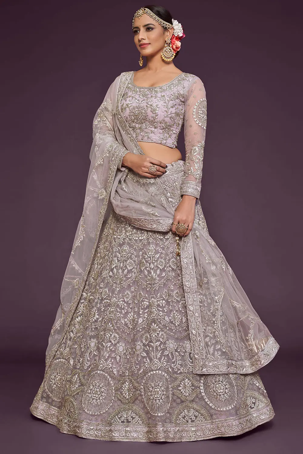 Lavender Soft Net Lehenga Choli with Thread, Zari, Badla and Glitter Dori Embroidery Lavender Soft Net Lehenga Choli with Thread, Zari, Badla and Glitter Dori Embroidery