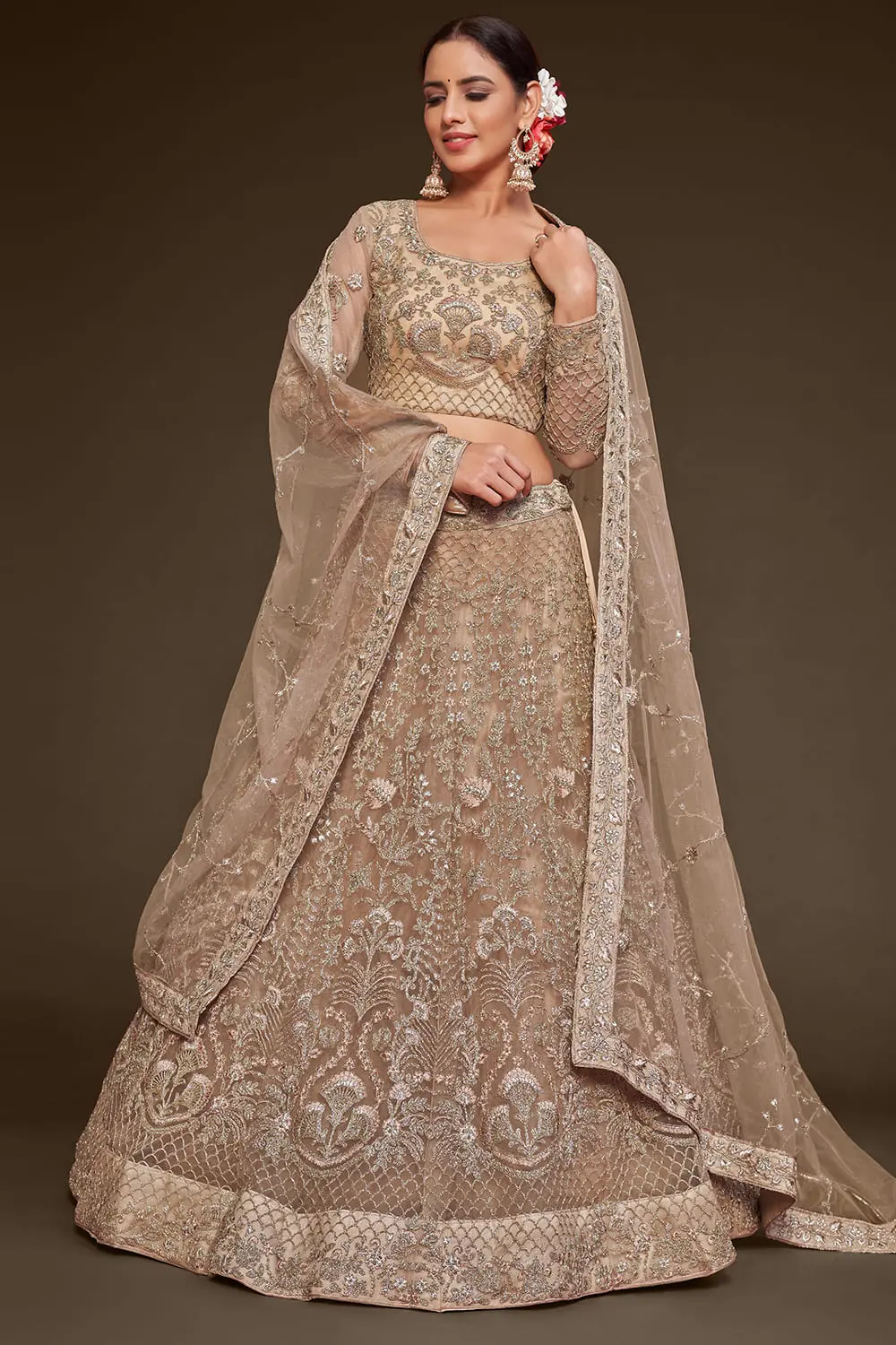 Gold Soft Net Lehenga Choli with Thread, Zari, Badla and Glitter Dori Embroidery Gold Soft Net Lehenga Choli with Thread, Zari, Badla and Glitter Dori Embroidery