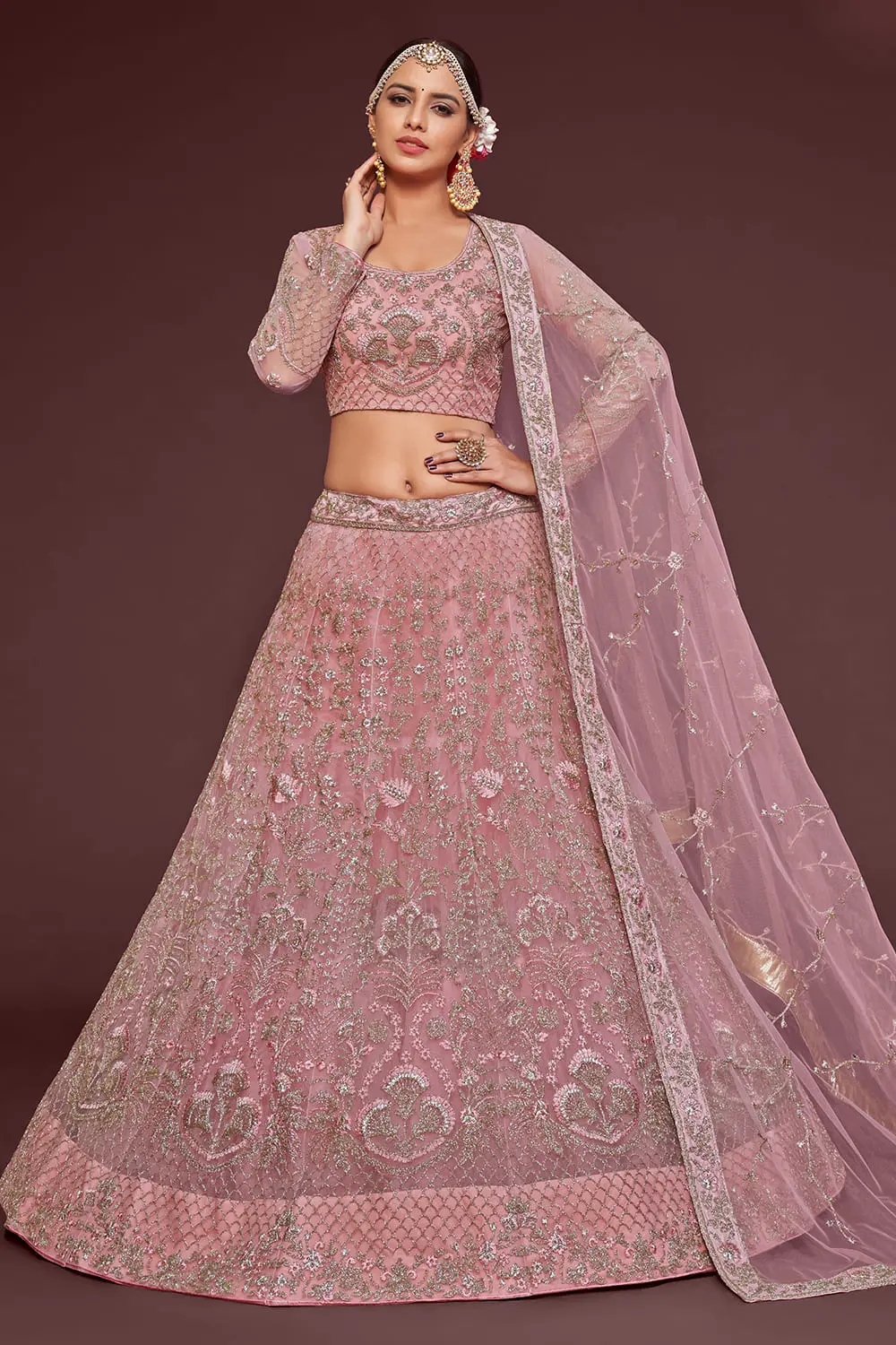 Rose Gold Soft Net Lehenga Choli with Thread, Zari, Badla and Glitter Dori Embroidery Rose Gold Soft Net Lehenga Choli with Thread, Zari, Badla and Glitter Dori Embroidery