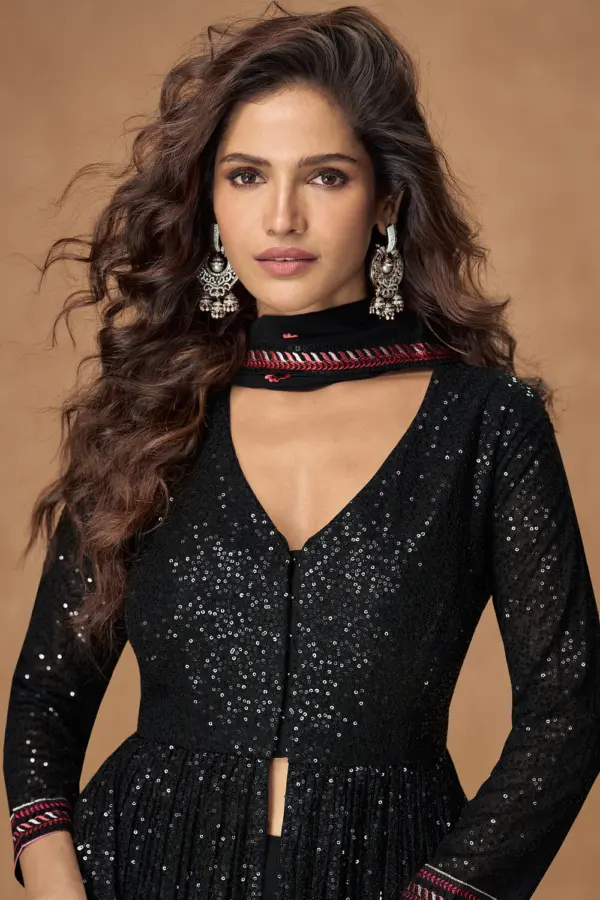Close up of floral detailing on black georgette anarkali gown