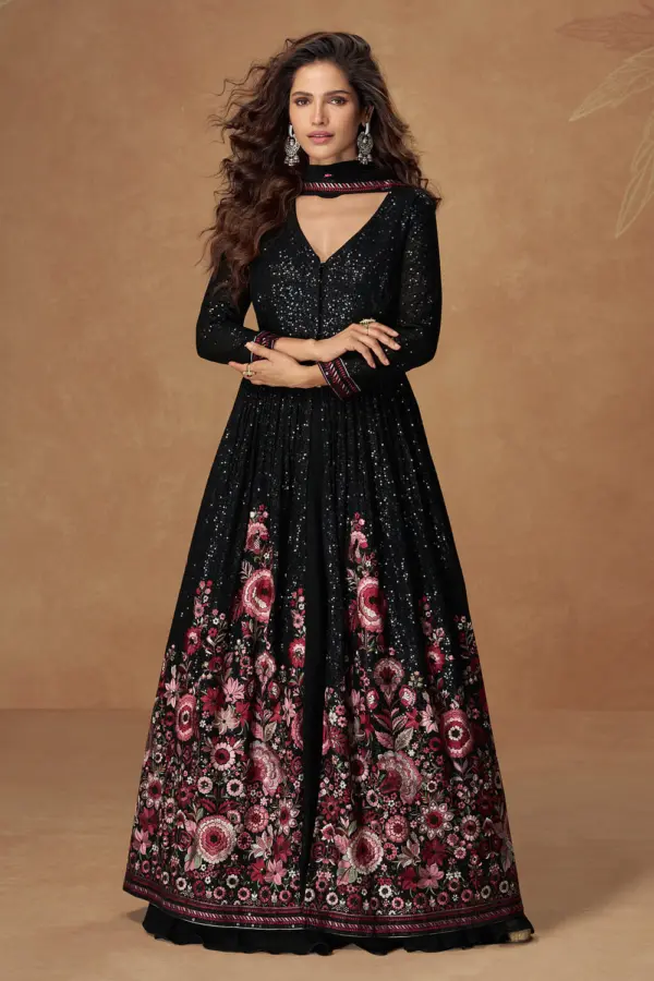 Black floral anarkali gown for party in flowing georgette by Khaish
